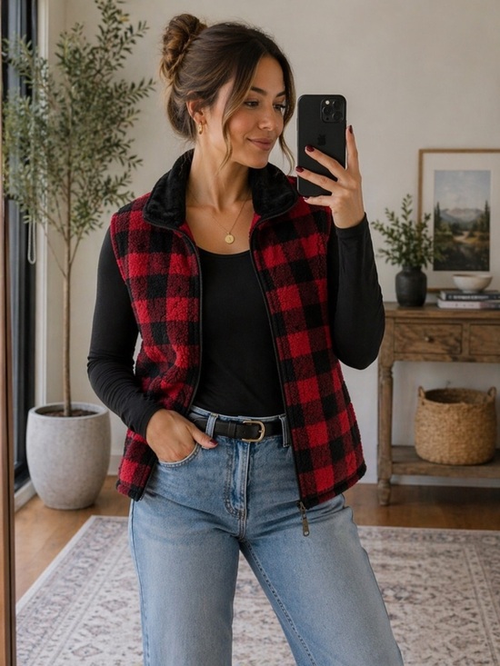 Woolrich Jackets & Blazers - Woolrich Red Black Buffalo Plaid Full Zip Vest Large Pockets Sleeveless